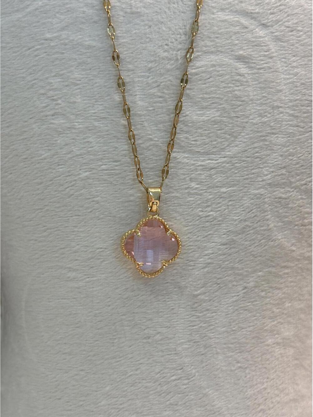 Gold Tone Stainless Steel Necklace with Pink Clover Pendant